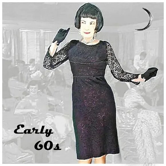 Vintage Dresses & Skirts - Vintage Little Black Lace Sheath Long Sleeve Cocktail Dress ~ VFG ~OOAK